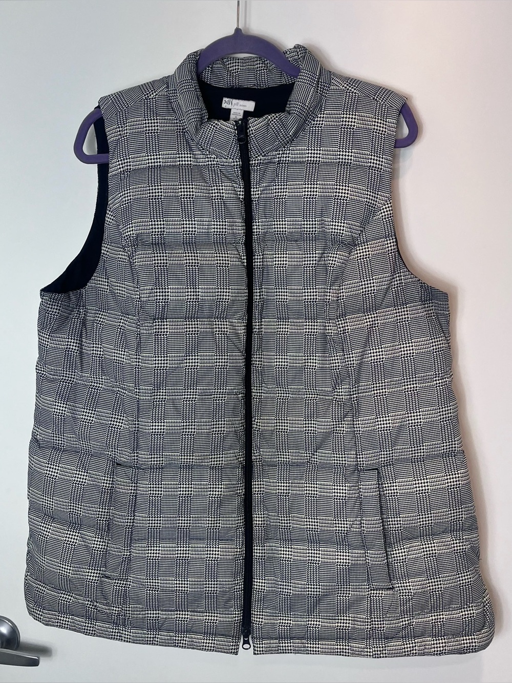 J. Jill Plaid Houndstooth Down Filled Puffer Vest Black & White Quilted XL P